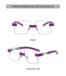 Vista frontale e laterale di occhiali quadrati viola con filtro per luce blu