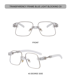 Dettaglio montatura quadrata trasparente C9 con cerniere in metallo e lenti anti luce blu