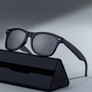 Classic square matte black polarized sunglasses with silver rivets and a folding case