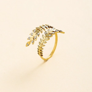 Leaf Ring Stainless Steel Cubic Zirconia Open Adjustable Nature Inspired Jewelry For Women