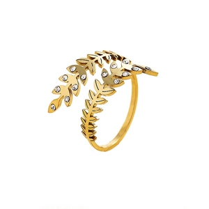Gold leaf shaped open ring with white cubic zirconia accents for women