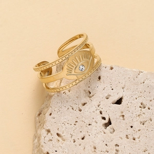 Adjustable 14K gold plated stainless steel evil eye ring with sparkling crystals