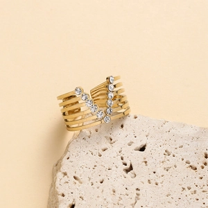 Adjustable gold layered V-shaped stainless steel ring with elegant sparkling zircon stones