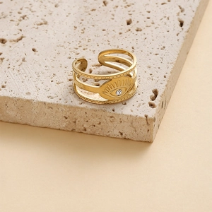 14K gold plated evil eye stainless steel open ring with sparkling crystal inlay