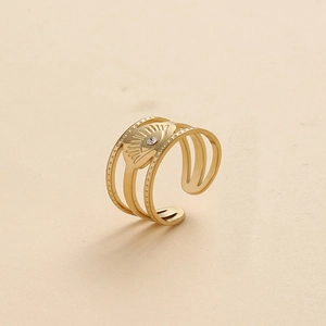 Gold evil eye stainless steel ring with zircon accent and triple layered beaded bands