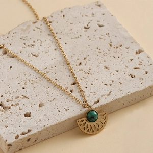 14K gold plated titanium steel fan-shaped necklace with green turquoise stone pendant