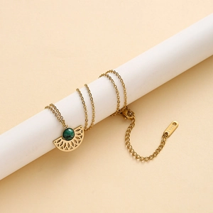 14K gold-plated stainless steel necklace with fan-shaped turquoise pendant for women