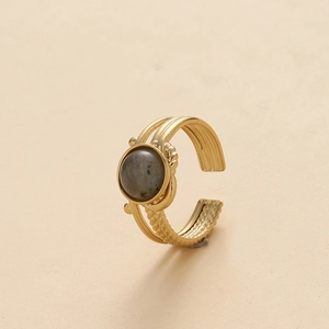 Macro shot of 14K gold-plated wide ring with grey round stone and braided textures