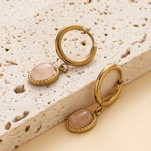 14K gold plated stainless steel hoop earrings with pink oval natural gemstone charms