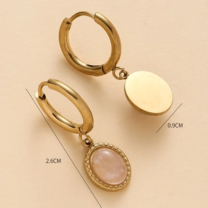 14K gold plated stainless steel hoop earrings with pink oval natural gemstone charms