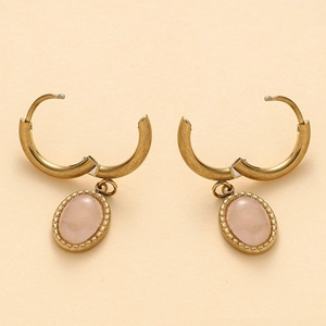 14K gold plated earrings with oval pink gemstone pendants in vintage beaded frames
