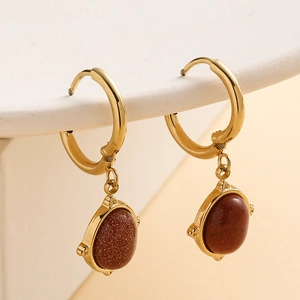 Boucles d'oreilles vintage en acier inoxydable avec pierre ovale marron sur céramique