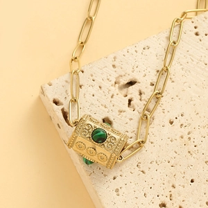 Collier chaîne trombone en acier inoxydable doré vintage avec pendentif cylindre vert