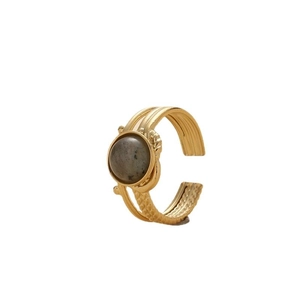 Gold plated stainless steel hollow wide band ring with a grey round stone inlay