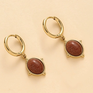 Boucles d'oreilles vintage en acier inoxydable avec pierre de soleil brune ovale