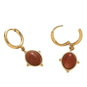 Boucles d'oreilles rétro en acier inoxydable doré avec pendentifs ovales en pierre d'or