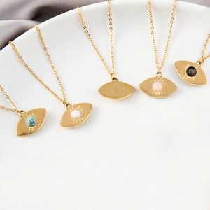 Gold stainless steel evil eye pendant necklace set with natural turquoise and stone inlays