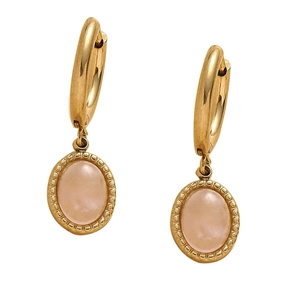 Elegant 14K gold plated stainless steel hoop earrings with oval pink gemstone charms