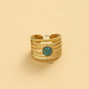 14K gold plated stainless steel wide band ring with turquoise stone and braided texture