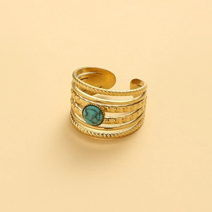 Macro shot of 14K gold-plated wide band ring with turquoise inlay and five-layer design