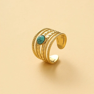 14K gold plated wide adjustable ring with turquoise stone and multi-layer textured bands