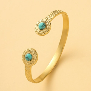 Retro Hammered Stainless Steel Open Bangle Natural Stone Inlaid Turquoise Style Adjustable Gold Plated For Women