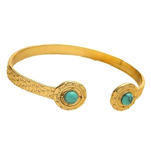 Retro hammered gold stainless steel open cuff bracelet with blue turquoise inlay