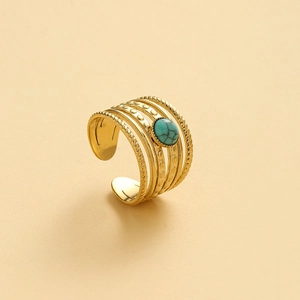 14K gold plated wide adjustable ring with turquoise stone and twisted rope texture details