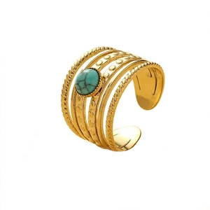 Bohemian 14K gold plated wide open ring with turquoise inlay and textured bands