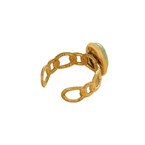 Golden chain link open ring with green oval stone inlay and polished hollow design