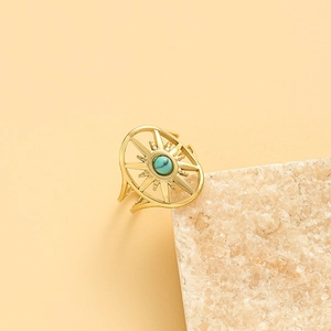 Bague rétro plaquée or 14K avec motif soleil étoilé et pierre turquoise sertie