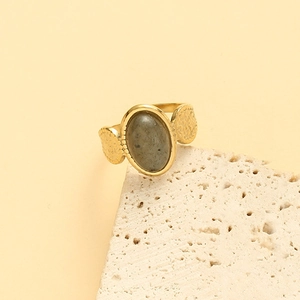 Golden stainless steel oval grey stone ring with hammered texture and vintage finish