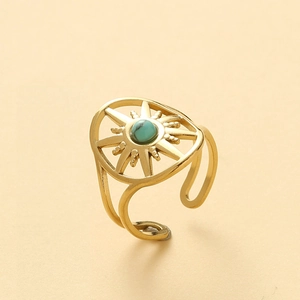 Bague Turquoise Étoile Acier Inoxydable Plaqué Or 14K Bohème Vintage Ajourée Soleil Ouverte Réglable Pour Femme