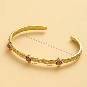 Retro stainless steel C-shaped cuff bracelet with natural stones and hammered texture