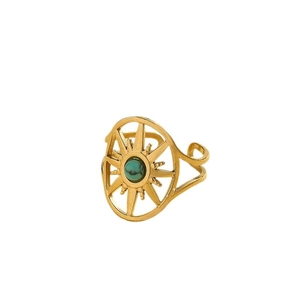 Bague ouverte vintage en acier plaqué or 14K avec soleil serti d'une turquoise