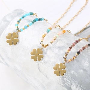 Handmade stainless steel clover pendant necklace with colorful faceted beads