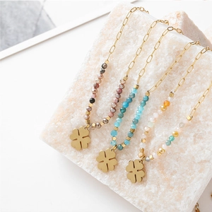Handmade stainless steel clover pendant necklace with colorful beads and gold chain
