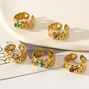 Vintage 5-piece gold adjustable ring set with colorful stones and chain texture