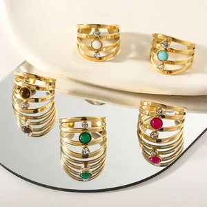 Modern multi-layer gold stainless steel ring with natural stones and crystals