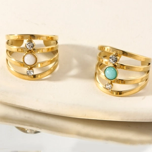 Gold multi-layer stainless steel ring with natural turquoise stone and crystal inlay