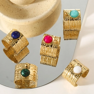 Adjustable wide gold-plated ring with natural colorful stones and hammered texture