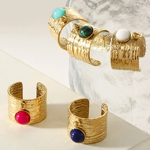 Vintage gold hammered open ring with natural stone inlay in various bohemian colors