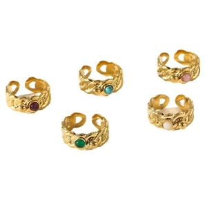 Set of five vintage gold-plated twist rings with colorful round natural stones