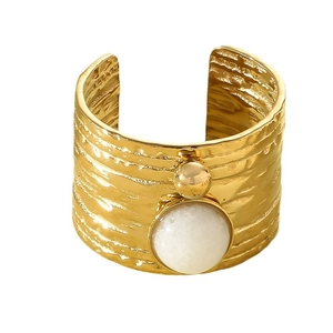 Adjustable gold hammered stainless steel wide ring with marble stone and gold bead