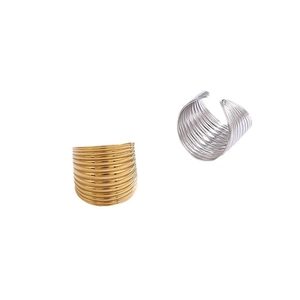 Modern wide hollow wavy rings in gold and silver finish with horizontal textured layers