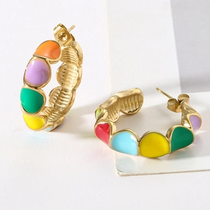 Colorful macaron enamel C-shape hoop earrings in gold-plated stainless steel for women