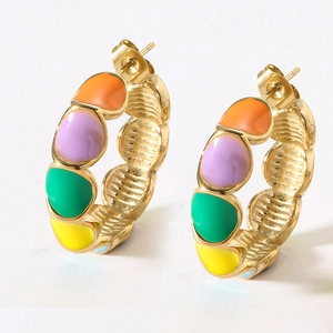 Colorful enamel hoop earrings with gold finish and vibrant C-shaped candy color design