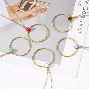 18K gold plated stainless steel necklace with round natural stone pendants in five colors