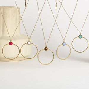 Set of five 18K gold plated stainless steel necklaces with colorful natural stone charms