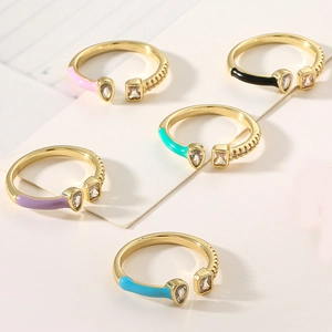 Adjustable gold plated rings with colorful enamel, teardrop zircon, and fine crystal pave